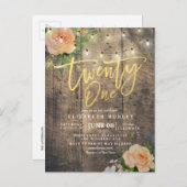 21誕生日パーティーウッドフラワーストリングライト インビテーションポストカード (正面/裏面)