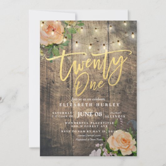 21誕生日パーティーウッドフラワーストリングライト 招待状 (正面)