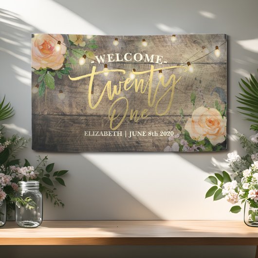 21誕生日パーティーウッドフラワーストリングライト 横断幕