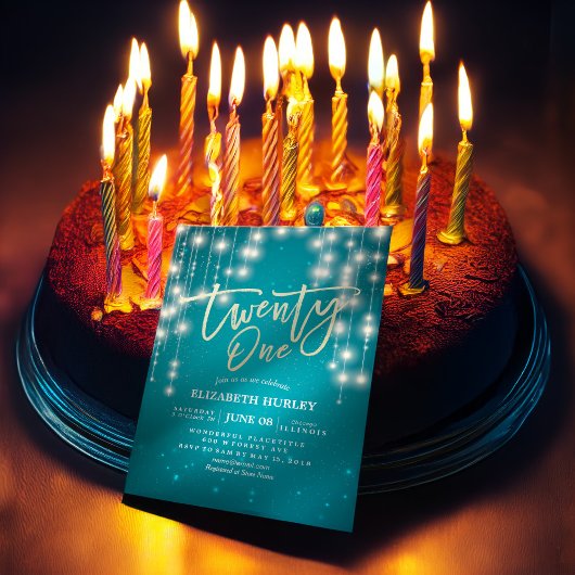 21誕生日パーティーターコイズスパークルストリングライト 招待状