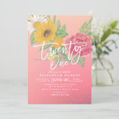 21誕生日パーティーピンクモダンフラワーズ金ゴールドグリッター 招待状 (スタンド正面)