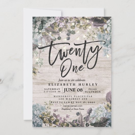 21誕生日パーティーフローラストリングライトウ素朴ンド 招待状 (正面)