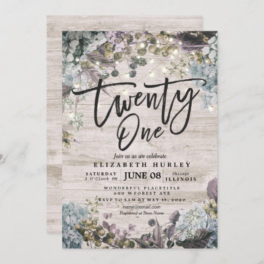 21誕生日パーティーフローラストリングライトウ素朴ンド 招待状 (正面/裏面)