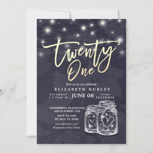 21誕生日パーティーモダンメイソンJarsストリングライト 招待状 (正面)