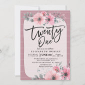 21誕生日パーティーヴィンテージピンク水色の花 招待状 (正面)