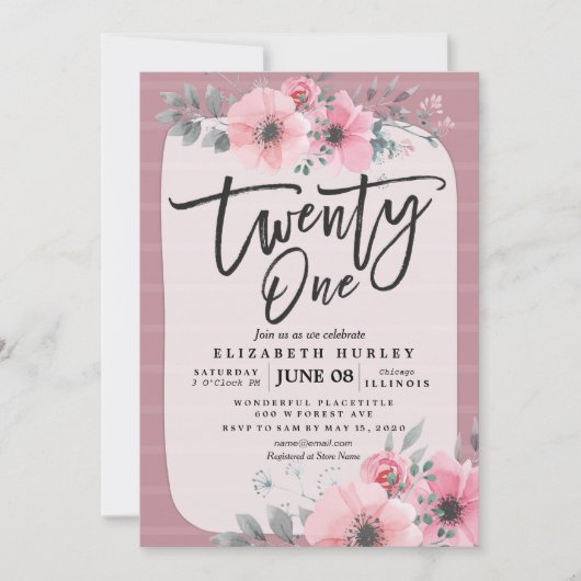 21誕生日パーティーヴィンテージピンク水色の花 招待状 (正面)