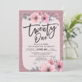 21誕生日パーティーヴィンテージピンク水色の花 招待状 (スタンド正面)