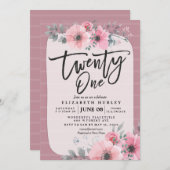 21誕生日パーティーヴィンテージピンク水色の花 招待状 (正面/裏面)