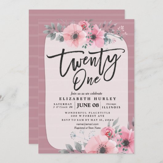 21誕生日パーティーヴィンテージピンク水色の花 招待状 (正面/裏面)