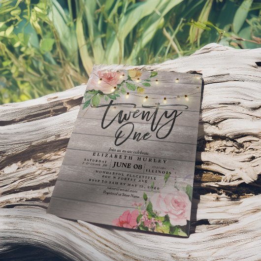 21誕生日パーティー素朴ウッドフラワーストリングライト 招待状