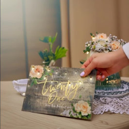 21誕生日パーティー素朴ウッドフラワーストリングライト 招待状