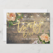 21誕生日パーティー素朴ウッドフラワーストリングライト 招待状 (正面)