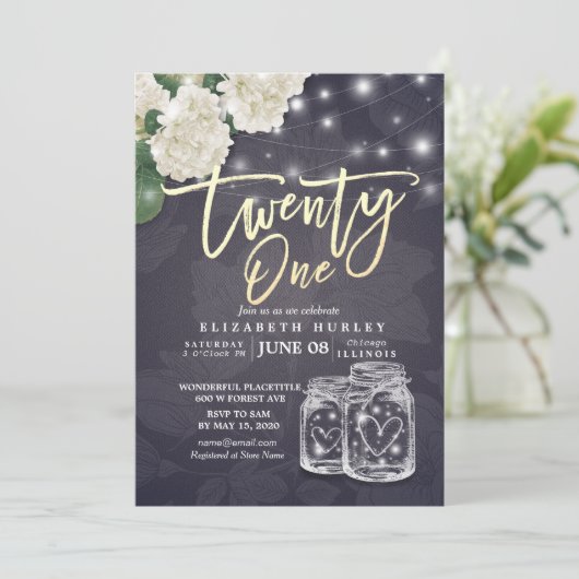 21誕生日パーティーMason Jars String Lights花 招待状 (スタンド正面)
