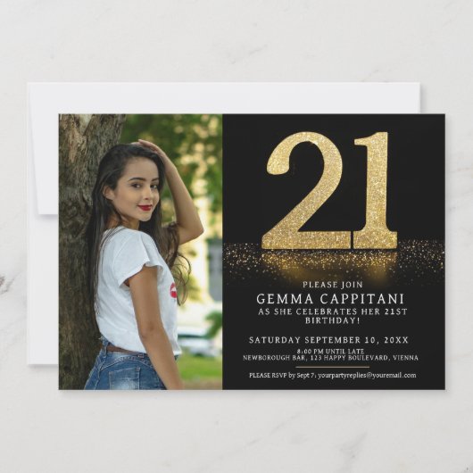 21金ゴールドグリッター21歳の誕生日カスタム写真 招待状 (正面)