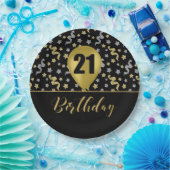 21金ゴールド誕生日バルーンオンブラック金ゴールド紙吹雪 ペーパープレート (パーティー)