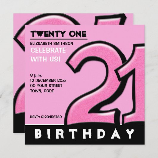 21間抜け番のピンクの誕生日パーティーの招待 招待状 (正面/裏面)