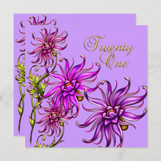 21 21歳の誕生日エレガント白フローラピンクパープル 招待状 (正面/裏面)