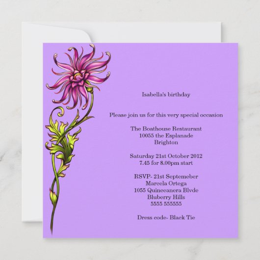 21 21歳の誕生日エレガント白フローラピンクパープル 招待状 (裏面)