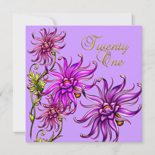 21 21歳の誕生日エレガント白フローラピンクパープル 招待状 (正面)