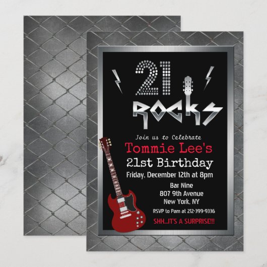 21 Rocks ロックスター ギター バースデー インビテーション (正面/裏面)