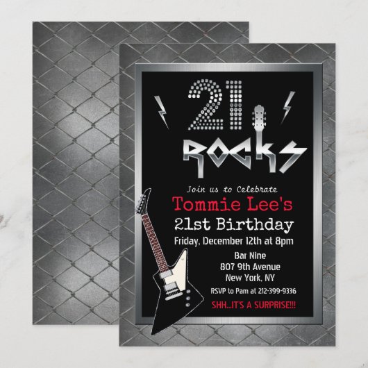 21 Rocks ロックスター ギター バースデー インビテーション (正面/裏面)