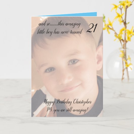 21stがまだ驚くべき青と黒の誕生日の写真 カード (黄色い花)