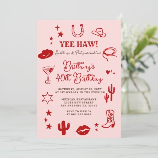 21stウェスタン誕生日ピンクレッド女性のカーボーイ 招待状 (スタンド正面)
