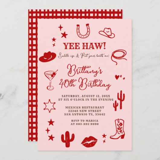 21stウェスタン誕生日ピンクレッド女性のカーボーイ 招待状 (正面/裏面)