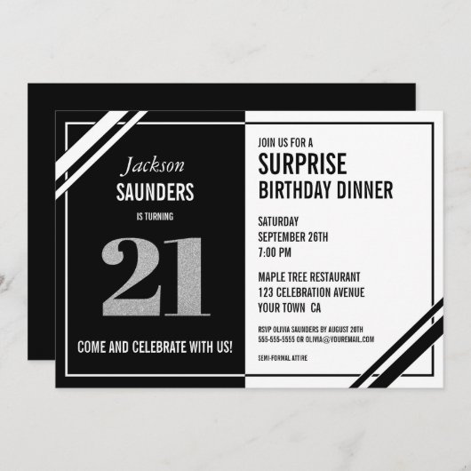21stサプライズ誕生日モダン白黒ディナー 招待状 (正面/裏面)