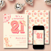 21stサプライズ誕生日レトロディスコ女性のカーボーイピンク 招待状