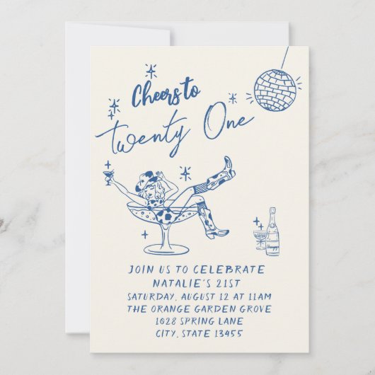21stブルー描女性のカーボーイ沿岸写真おもしろい誕生日 招待状 (正面)
