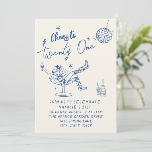 21stブルー描女性のカーボーイ沿岸写真おもしろい誕生日 招待状 (スタンド正面)