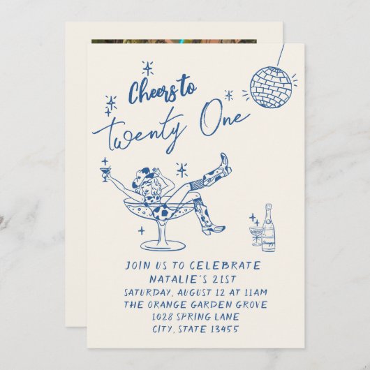 21stブルー描女性のカーボーイ沿岸写真おもしろい誕生日 招待状 (正面/裏面)