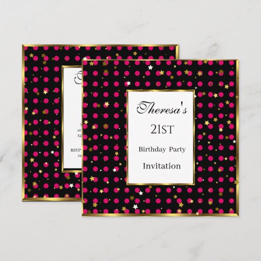 21stホットピンク水玉模様金ゴールドスター誕生日 招待状 (正面/裏面)