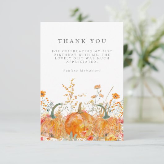 21ST誕生日パーティーかぼちゃワイルドフラワーカスタム サンキューカード (スタンド正面)