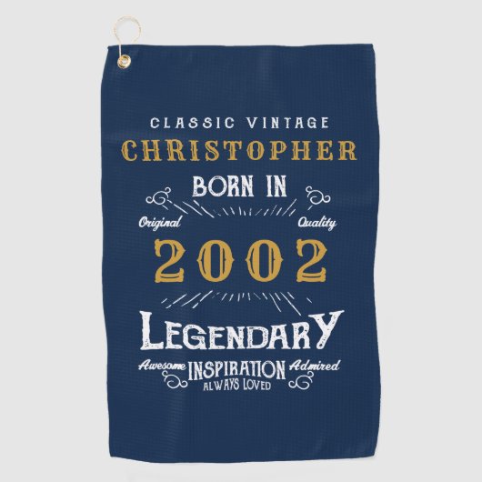 21st Birthday 2002名前の追加レトロ凡例ブルー金ゴールド ゴルフタオル (正面)