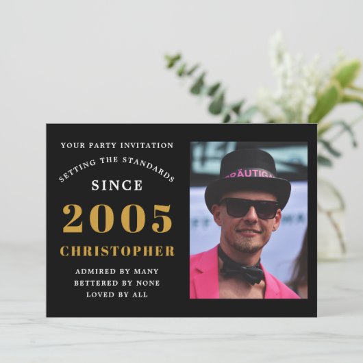 21st Birthday 2005 Black Gold Personalized Photo 招待状 (スタンド正面)