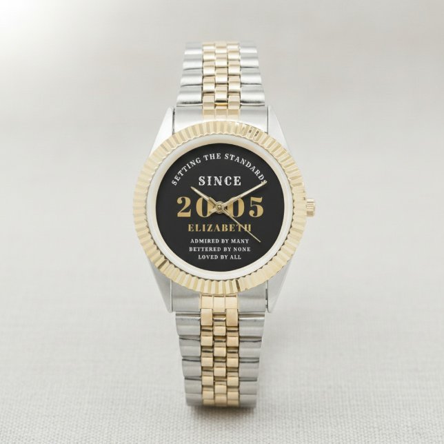 21st Birthday 2005 Elegant Black White Chic 腕時計 (Born 2005 watch. White background.)