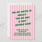 21st Birthday Bash Pink Green Retro Stripes Party 招待状 (正面)