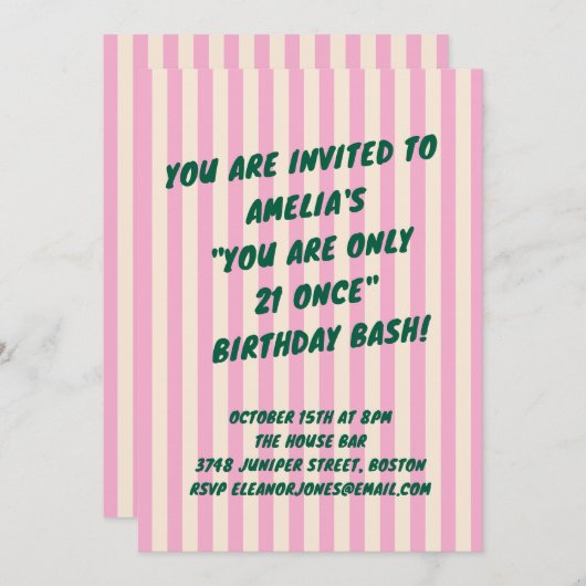 21st Birthday Bash Pink Green Retro Stripes Party 招待状 (正面/裏面)