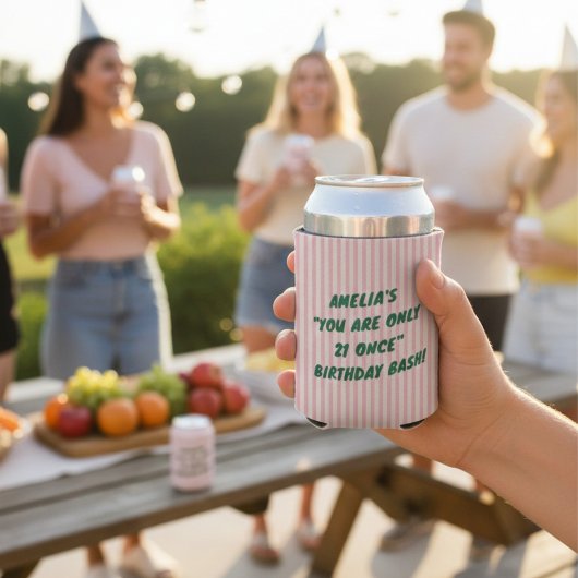 21st Birthday Bash Pink Green Retro Stripes Party 缶クーラー