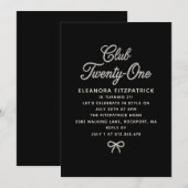 21st Birthday Black White Pearl Script Bow 招待状 (正面/裏面)