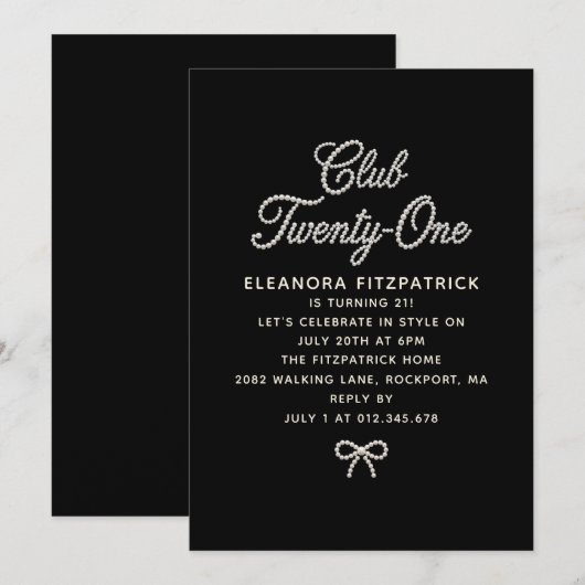 21st Birthday Black White Pearl Script Bow 招待状 (正面/裏面)