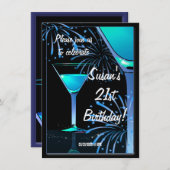 21st Birthday Blue Martini Cactelパーティー 招待状 (正面/裏面)