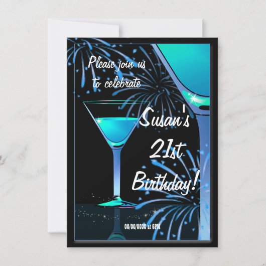 21st Birthday Blue Martini Cactelパーティー 招待状 (正面)