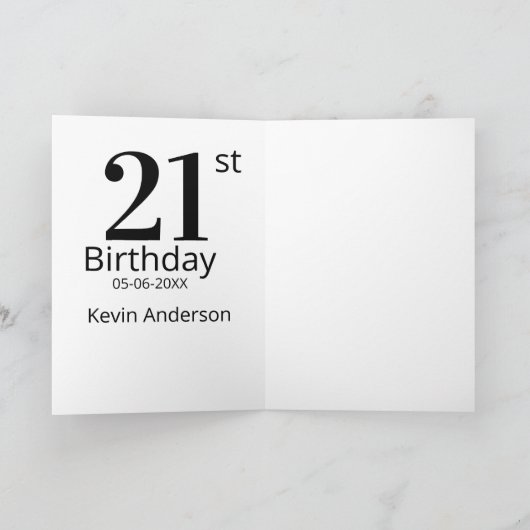 21st birthday bold letter name date simple man boy カード (内部)