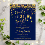 21st Birthday - Cheers To 21 Years Navy Gold 招待状<br><div class="desc">21st Birthday Invitation.  Cheers To 21 Years! Elegant design in navy and gold. Features champagne glasses,  script font and confetti. Perfect for a stylish birthday party. Personalize with your own details. Can be customized to show any age.</div>