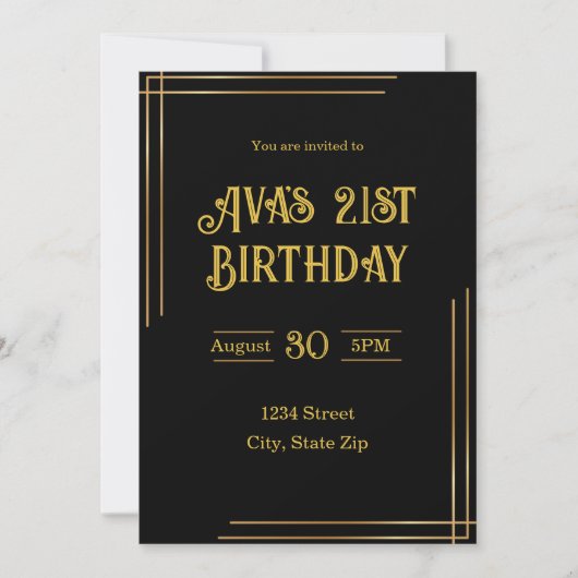21st Birthday Invitation – Black & Gold | Elegant 招待状 (正面)