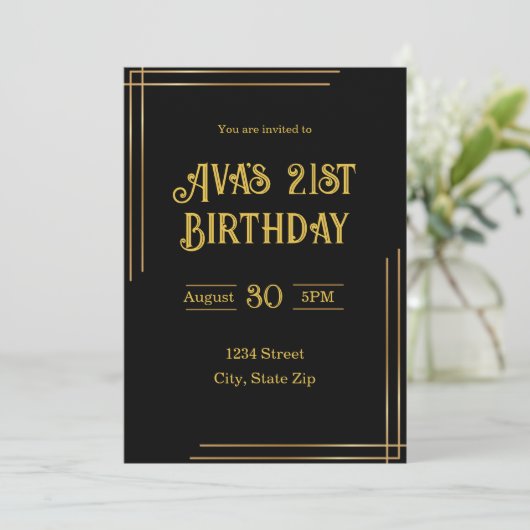 21st Birthday Invitation – Black & Gold | Elegant 招待状 (スタンド正面)