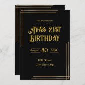 21st Birthday Invitation – Black & Gold | Elegant 招待状 (正面/裏面)